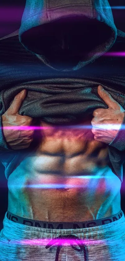 Hooded figure displaying muscular abs in a dark-themed fitness wallpaper.
