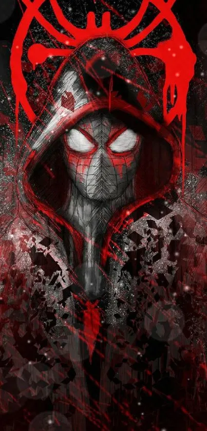 A hooded superhero with red eyes and accents on a dark background mobile wallpaper.