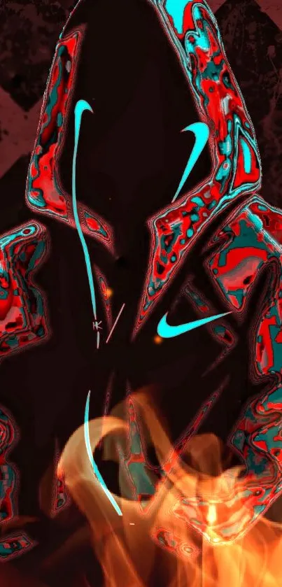 Abstract neon hooded figure with flames.