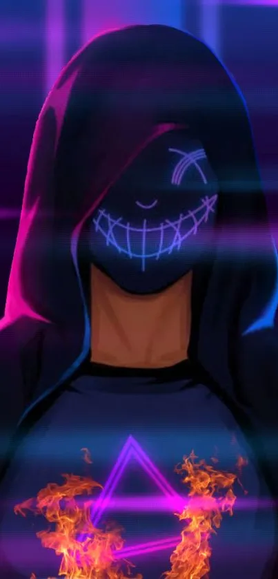 Hooded figure with neon lights and fiery triangle design.