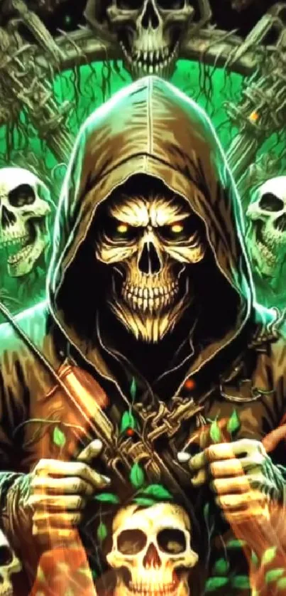 Hooded reaper with skulls in vibrant green hue, fantasy mobile wallpaper.