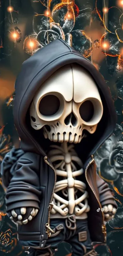 Hooded skeleton in dark cloak with glowing backdrop.