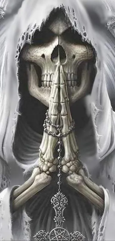 A praying hooded skeleton in a gothic style, perfect for dark-themed wallpapers.