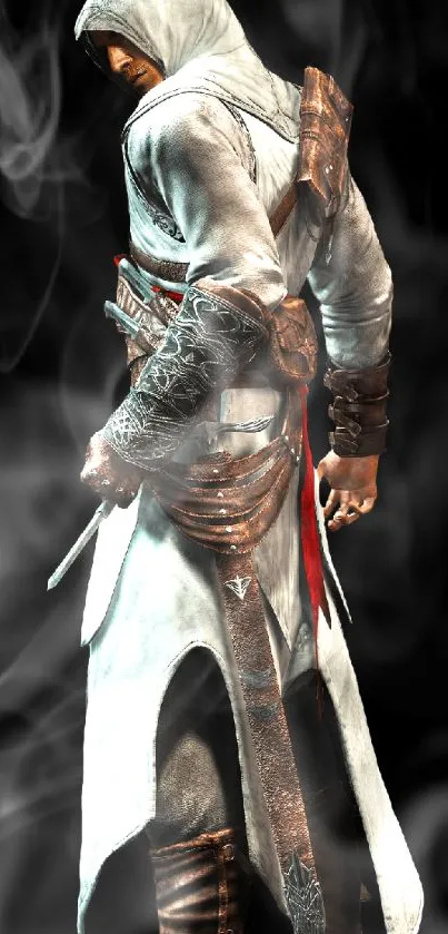 A hooded warrior in white and brown attire.