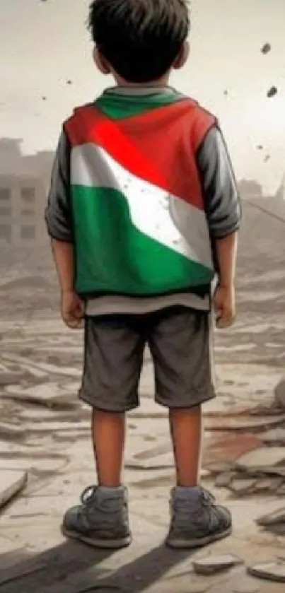 Boy in a flag shirt standing in urban ruins, symbolizing hope.