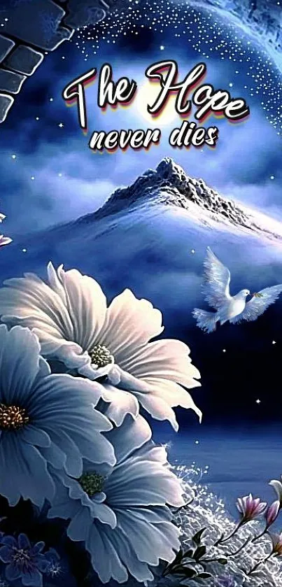 Serene night wallpaper with mountains, flowers, and a dove.