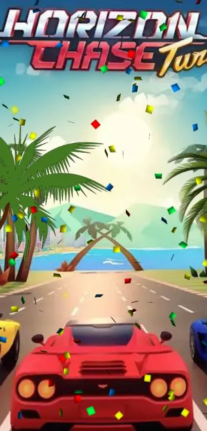 Horizon Chase Turbo cars racing with palm trees under blue sky.