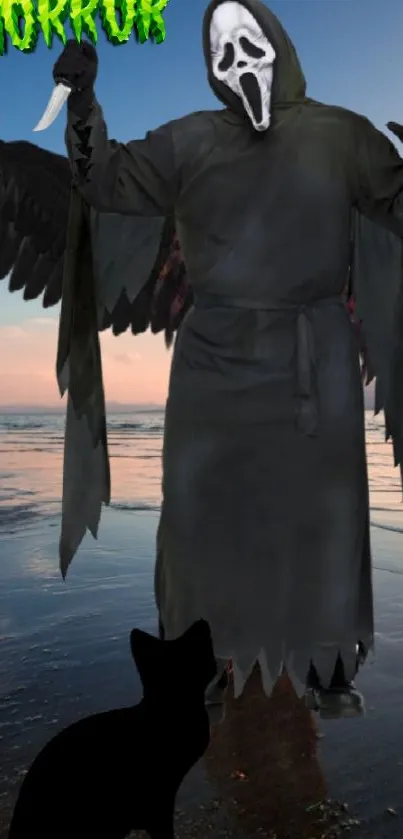 Ghostly figure with wings on a beach at dusk.