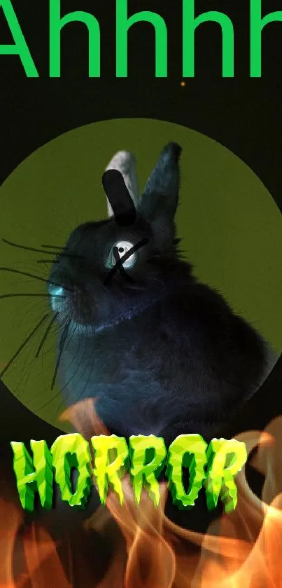 Creepy horror bunny with green text, spooky wallpaper.