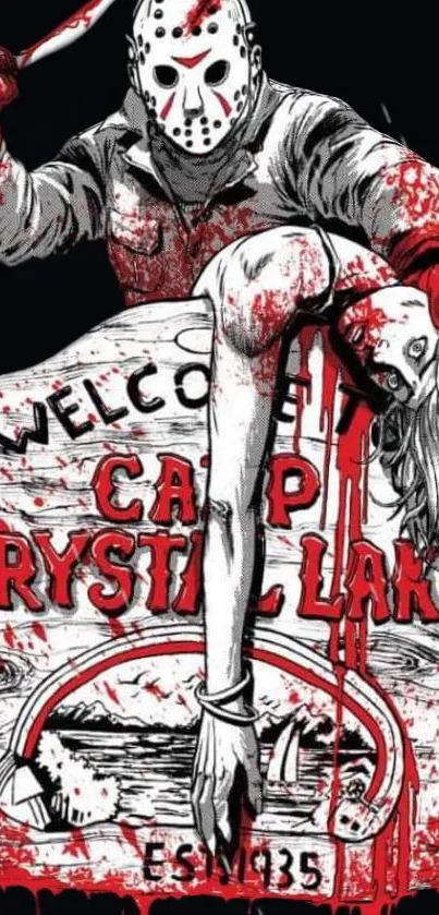 Stylized horror figure with red blood accents in camp sign art.