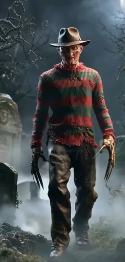 Horror character in a misty graveyard at night.