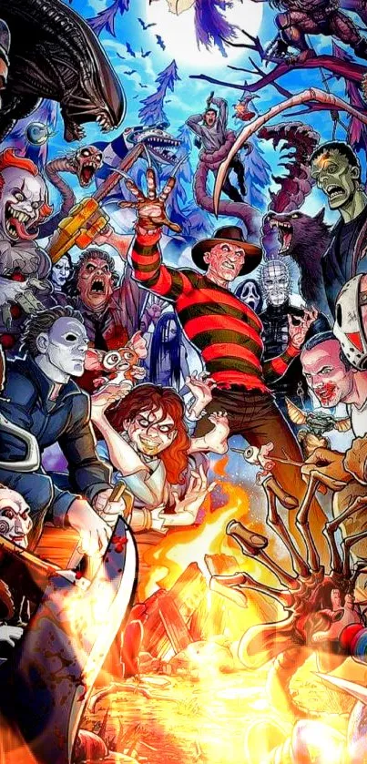 Horror characters art wallpaper with vibrant colors.