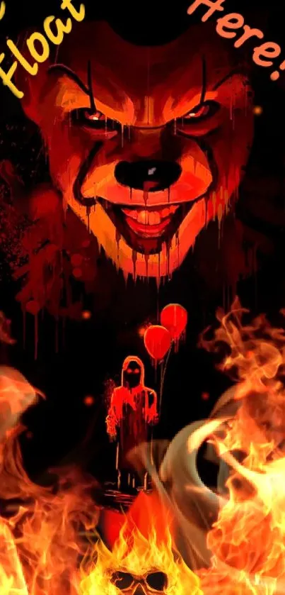 Fiery horror clown wallpaper with flames and dark theme.