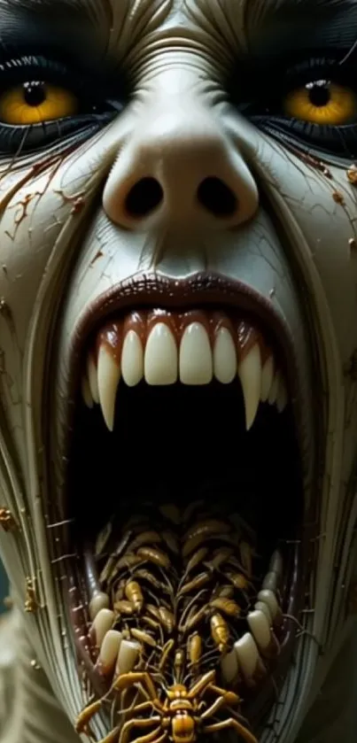 Terrifying creature with fangs and insects in open mouth.