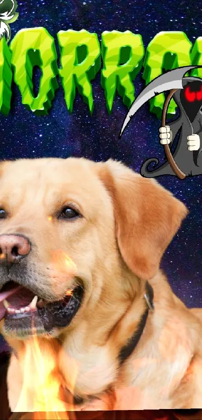 Horror-themed wallpaper with a dog and cosmic backdrop.