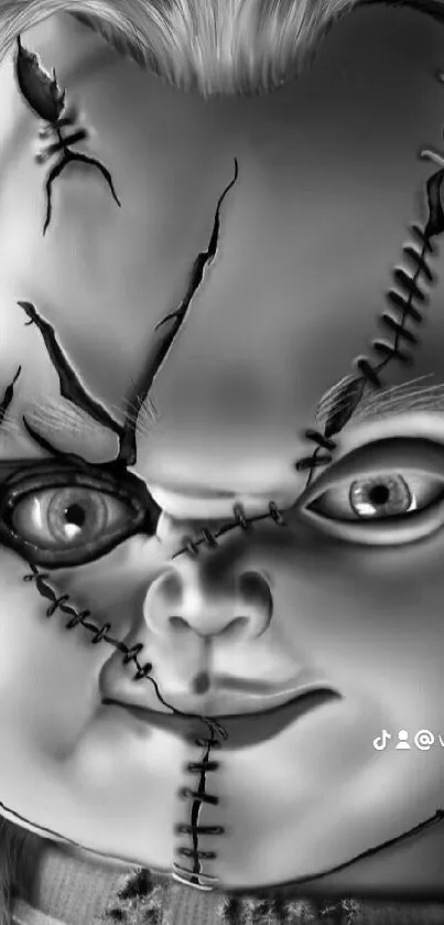 Black and white creepy horror doll wallpaper with stitched face.