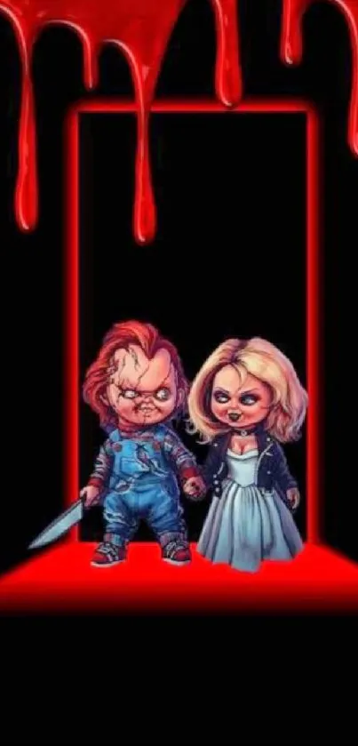 Horror-themed wallpaper with dolls and red accents.