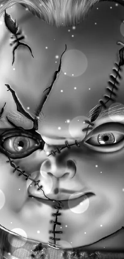 Monochrome horror doll close-up wallpaper.