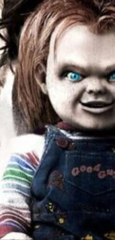 Creepy doll with blue eyes in mobile wallpaper.