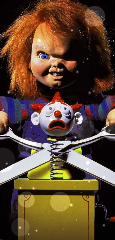 Horror-themed wallpaper with a scary doll clutching a clown toy.