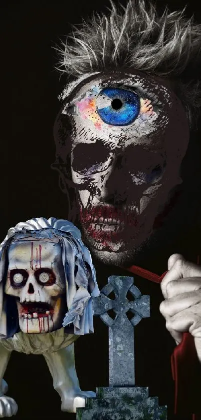 Surreal horror wallpaper with skull and blue eye.