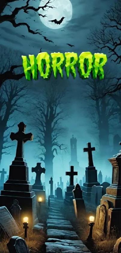 Horror graveyard scene with full moon backdrop.