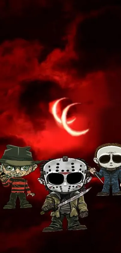 Three horror characters in red night sky wallpaper.