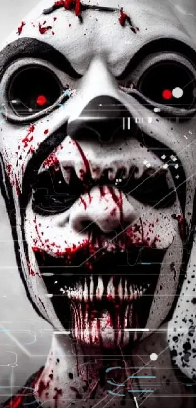 Creepy black and white horror mask wallpaper with red accents.