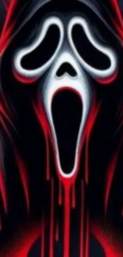 Haunting mask with blood-red drips on a black background.
