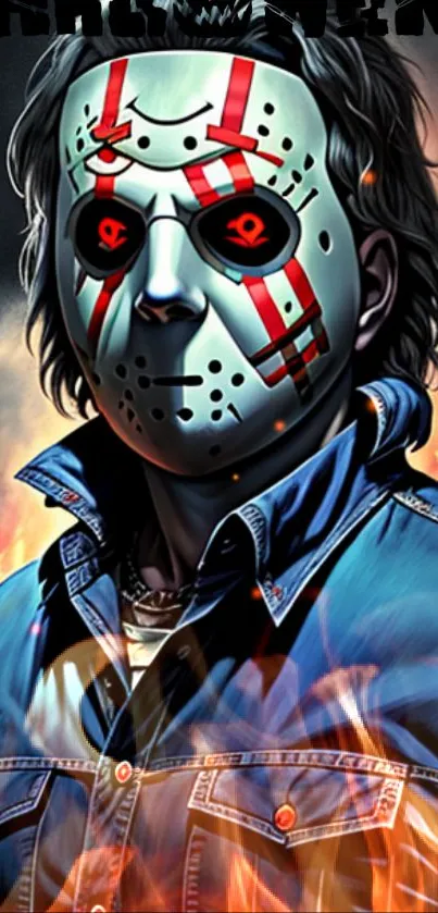 Masked figure with fiery background, horror mobile wallpaper.