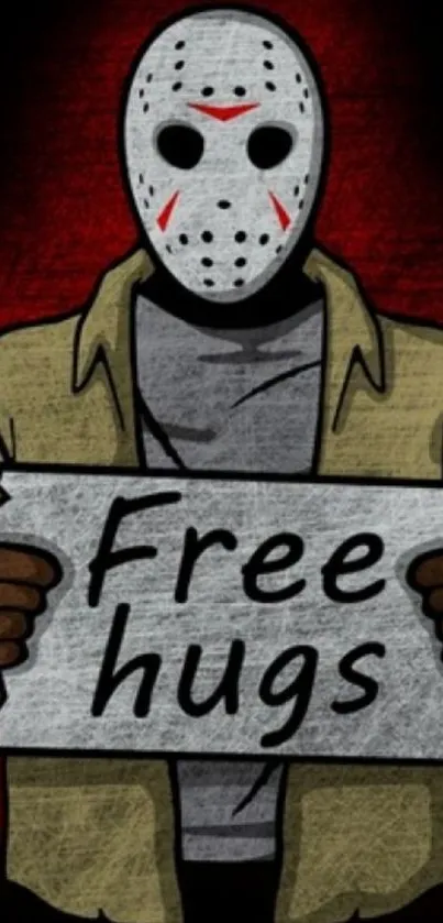 Masked character holding 'Free Hugs' sign on a dark red background.