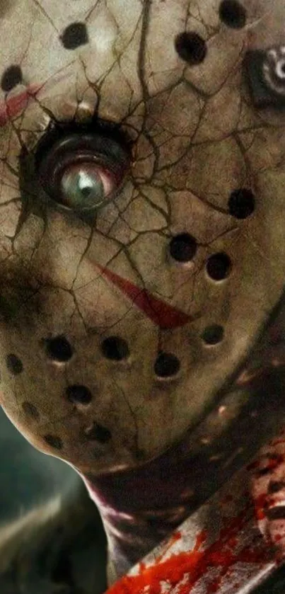 Creepy mask with cracked texture and bloody elements on a mobile wallpaper.