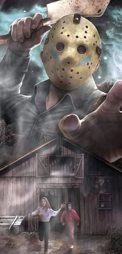 Masked figure in horror scene with cabin backdrop.