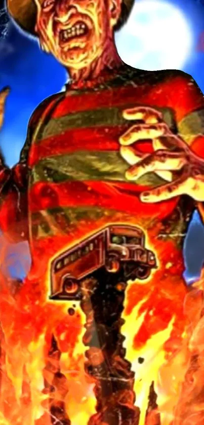 Horror themed wallpaper featuring flames and a menacing figure with bus.