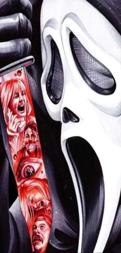 Scream mask with haunting images on knife blade