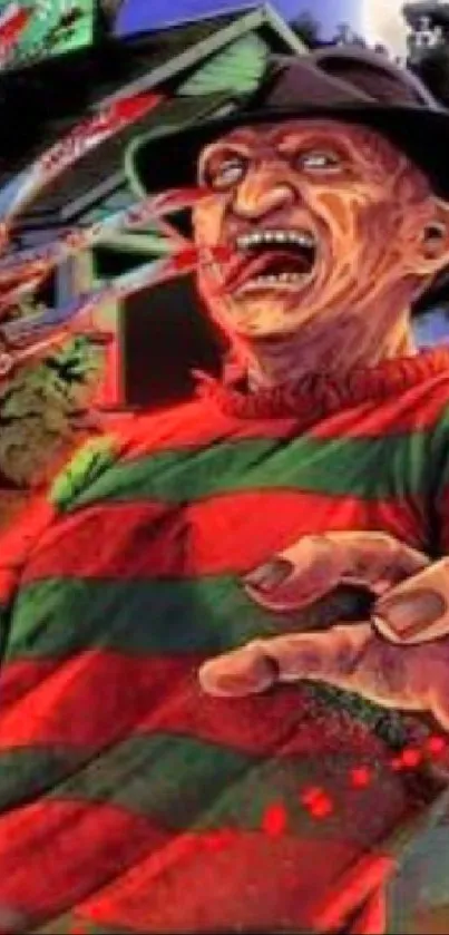 Creepy Elm Street character in red and green sweater under a night sky.