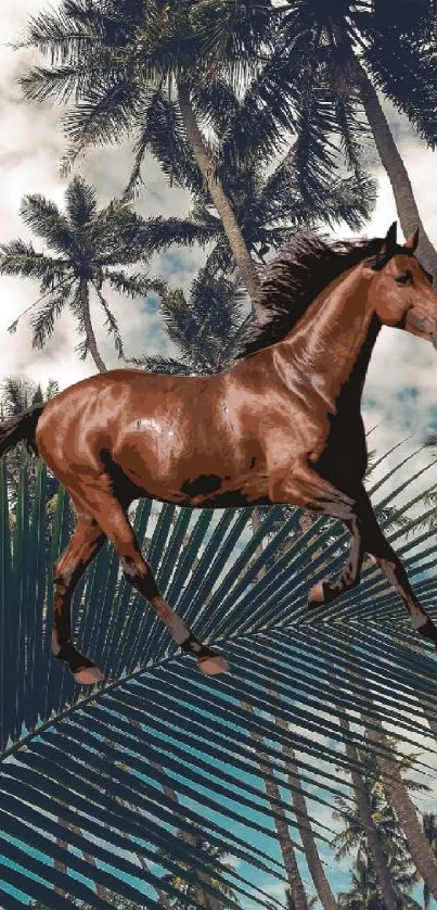 A horse running amid tall palm trees under a cloudy sky.