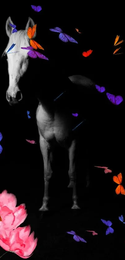 Elegant horse with colorful butterflies on black background.