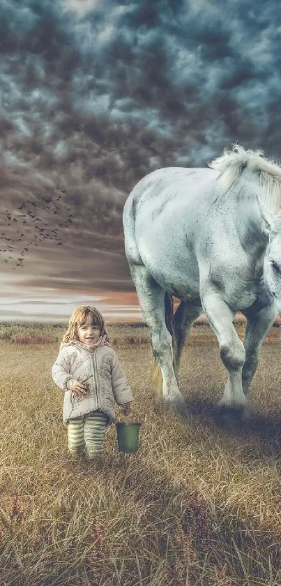 Child with a white horse under a cloudy sky on a grassy field.