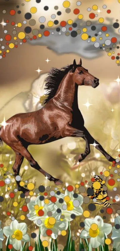 Majestic horse and daffodils with colorful dots and butterflies in fantasy art.