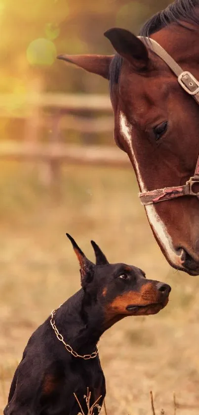 Horse and Doberman sharing a moment in sunrise.