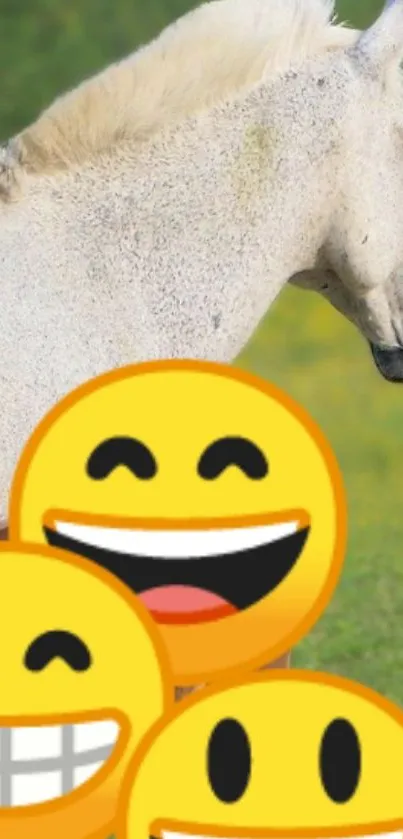 White horse with happy emojis on green field.