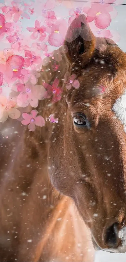 Majestic horse with pink floral accents on a wintery background.