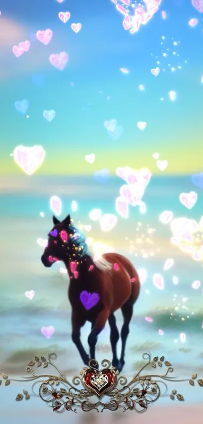 Fantasy horse on beach with glowing hearts.