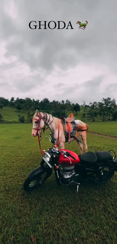 Horse standing beside a red motorcycle in a green landscape.