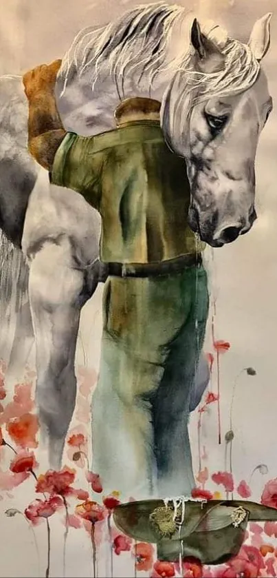 Watercolor horse and nature scene, tranquil wallpaper.