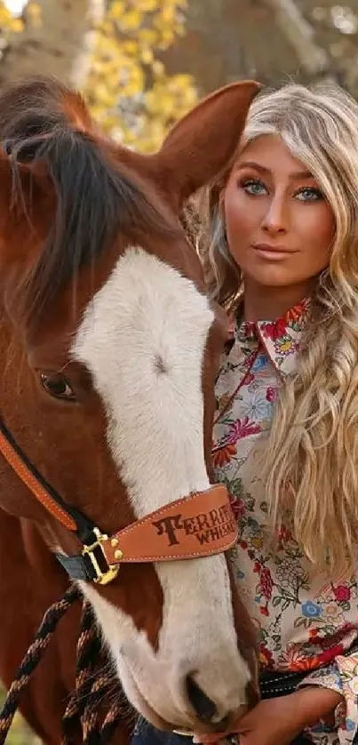 Young woman with horse in autumn forest scene.