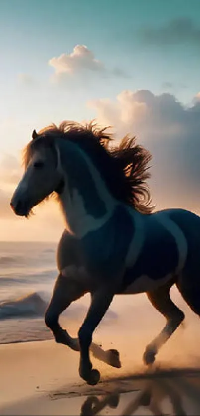 Majestic horse galloping on beach at sunrise with sky and ocean backdrop.