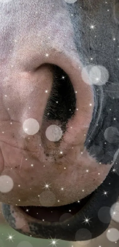 Close-up of a horse’s nose with soft brown hues and circular patterns.