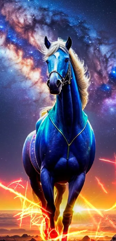 Majestic horse in a galaxy backdrop with stars and colorful sky.